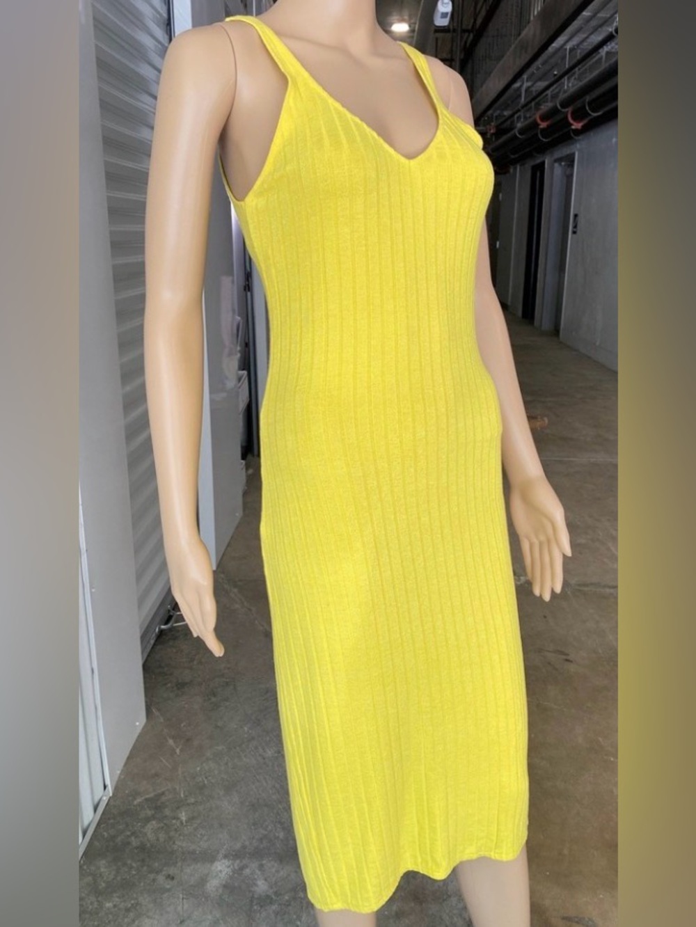 NWOT-Zara Bodycon Yellow Ribbed Midi Dress - Picture 2 of 9